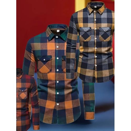 Men's 3-Piece Checked Collar Shirt, Long Sleeve Casual Button-Down Outerwear Shirt
